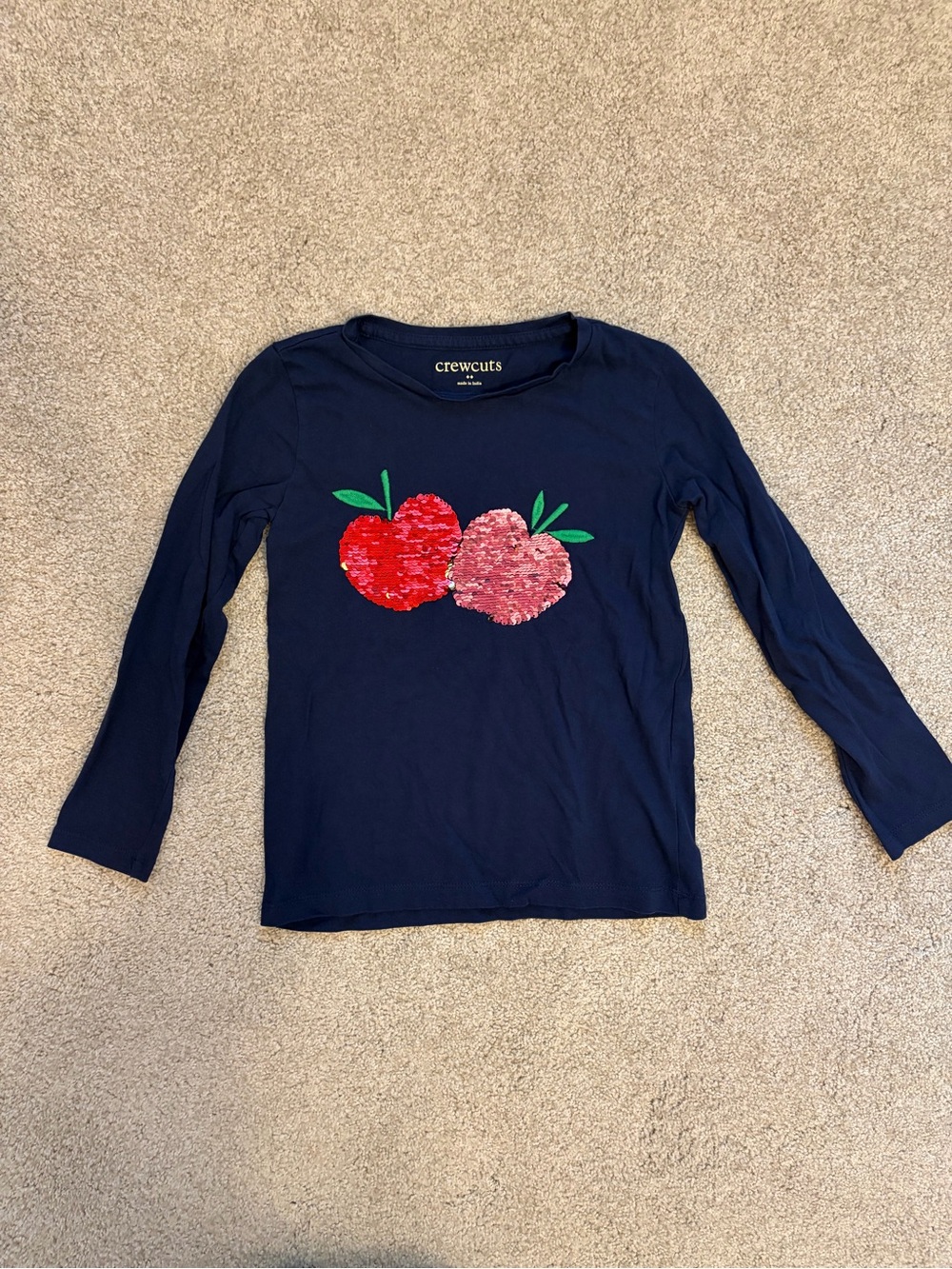 Crewcuts Navy Long-Sleeve Flip Sequin Apple Tee with Red & Pink Accents